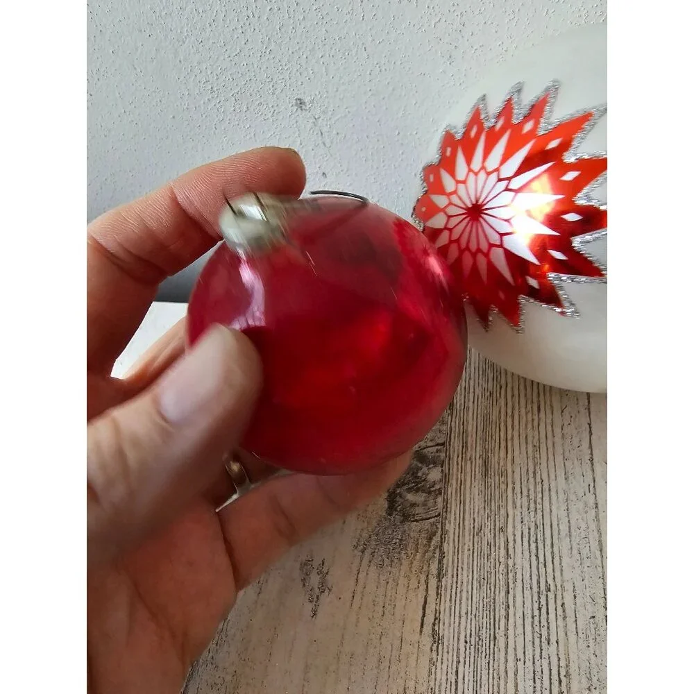 Vintage shiny Brite Austria glass bowl Mercury glitter red white ornament set Xm